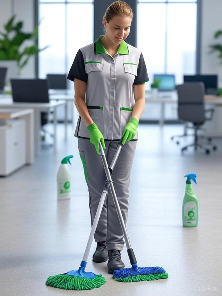 woman working with two cleaning tools showing key difference of cleaning service in Raleigh